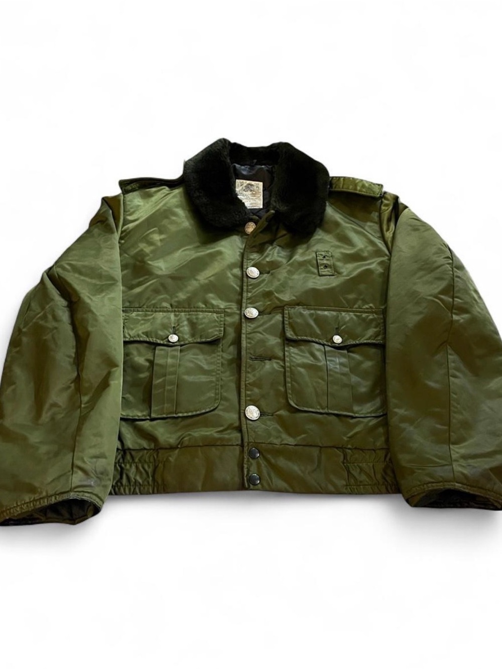 Vintage 70s Horace Tuffy Jac Jacket Green Quilted Lining Faux Fur Collar Size L.